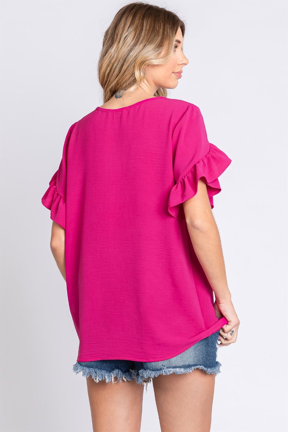 GeeGee V - Neck Ruffle Trim Short Sleeve Blouse - Mervyns