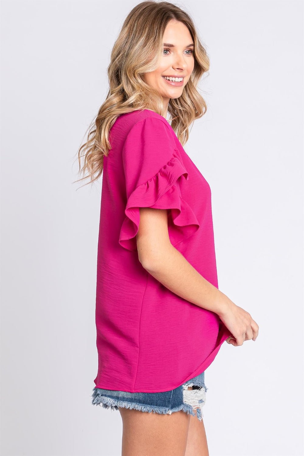 GeeGee V - Neck Ruffle Trim Short Sleeve Blouse - Mervyns