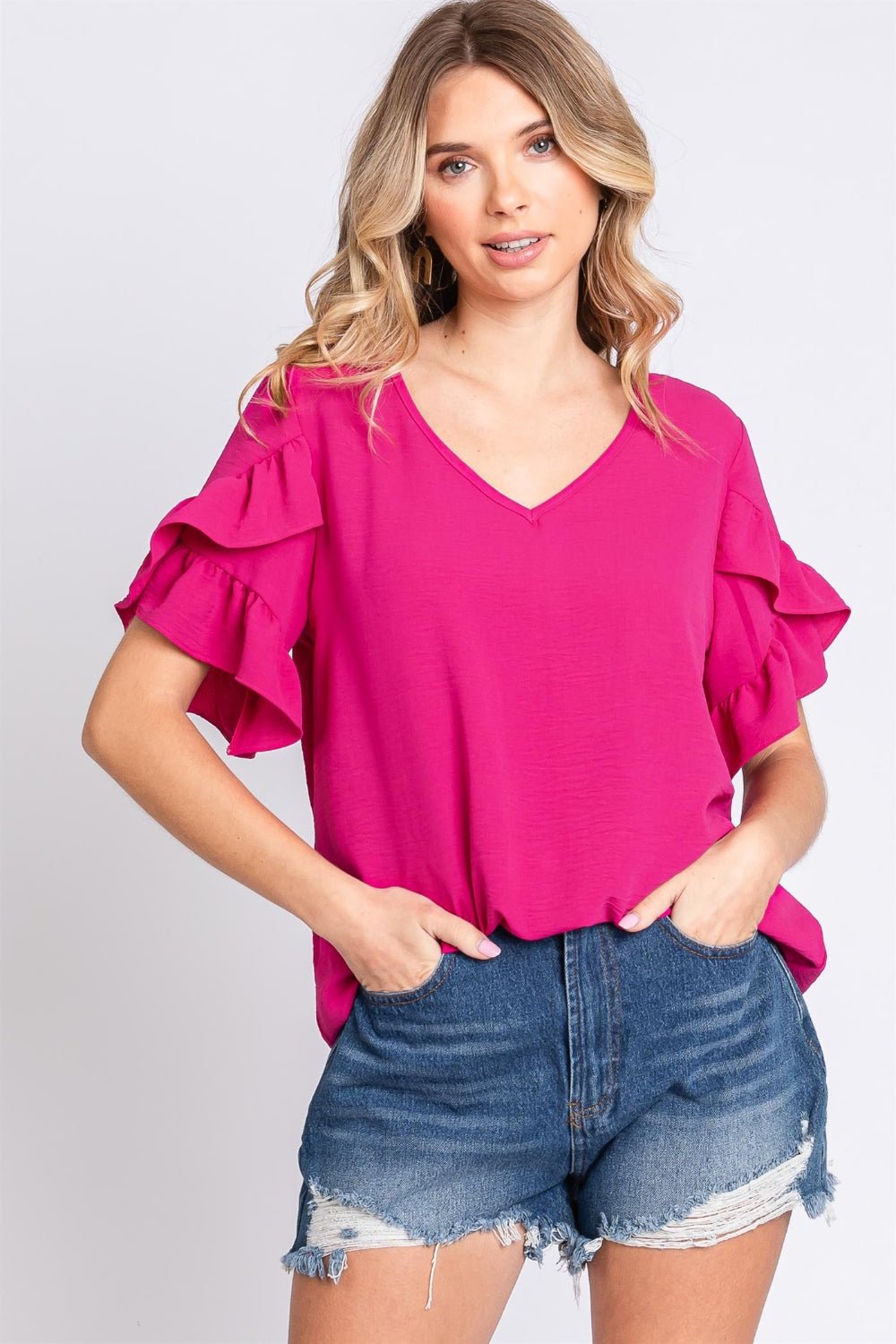 GeeGee V - Neck Ruffle Trim Short Sleeve Blouse - Mervyns