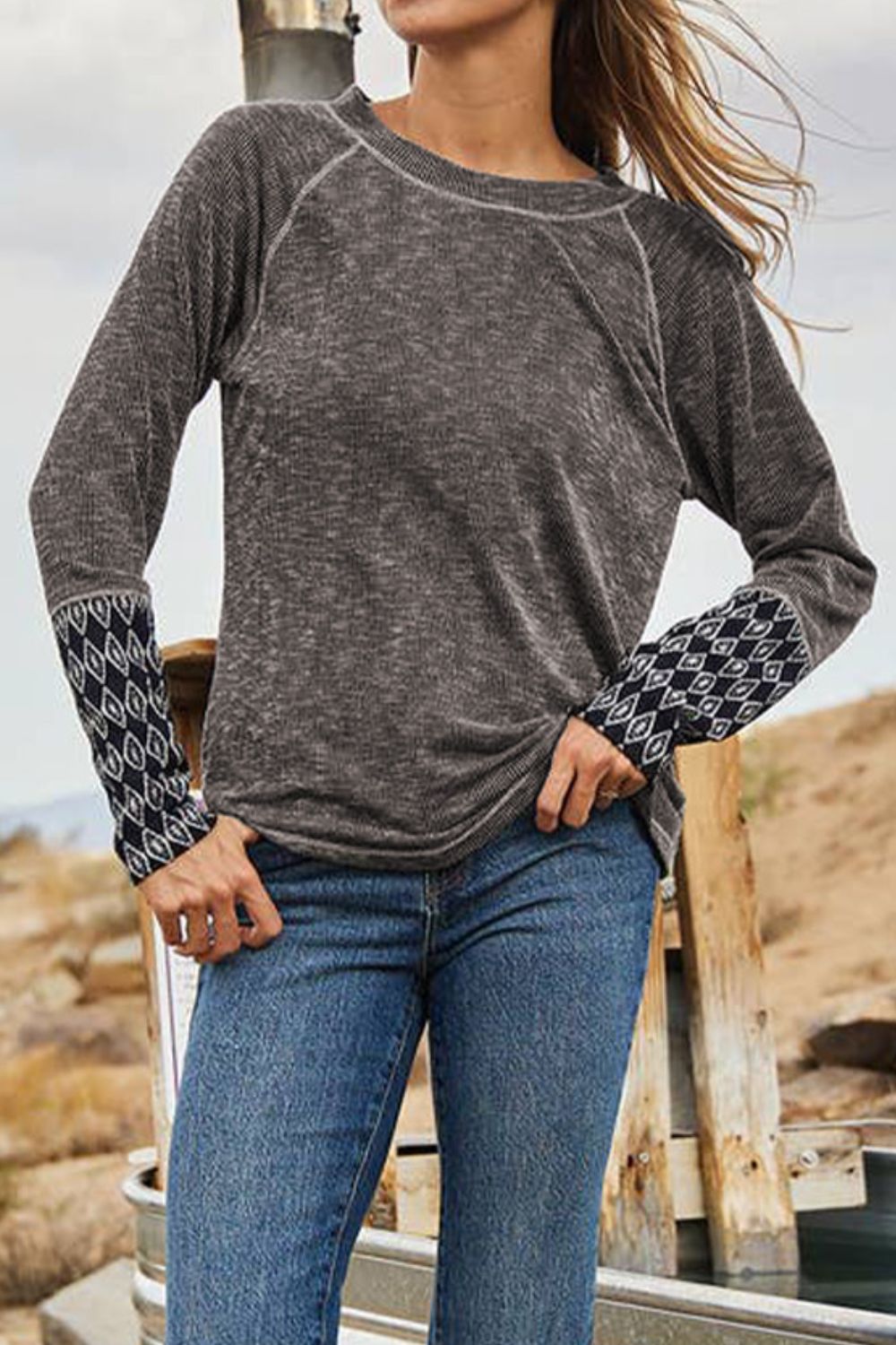 Geometric Round Neck Long Sleeve Top - Mervyns