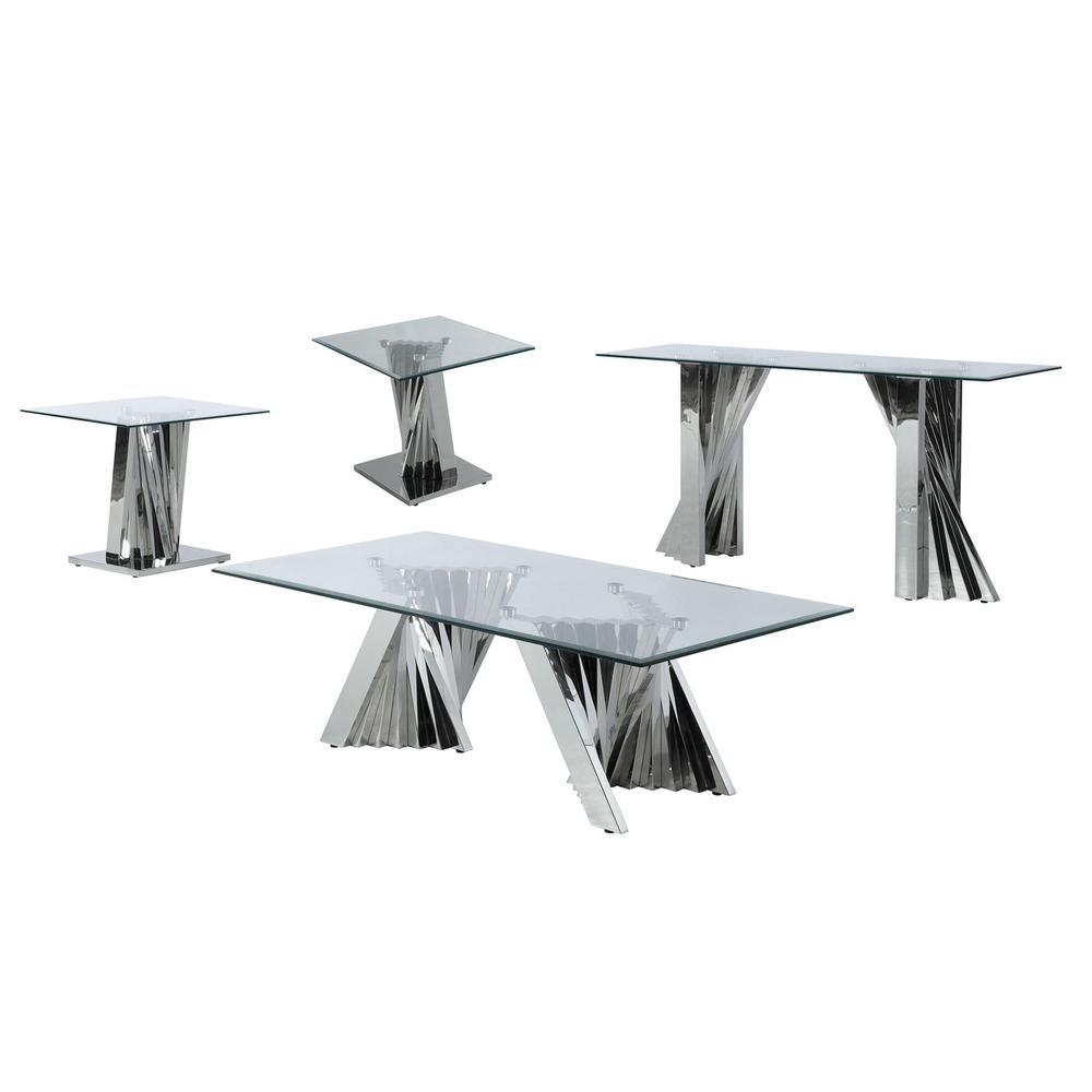 Glass Coffee Table Sets: Coffee Table, 2 End Tables and Console Table with Stainless Steel Base - Mervyns