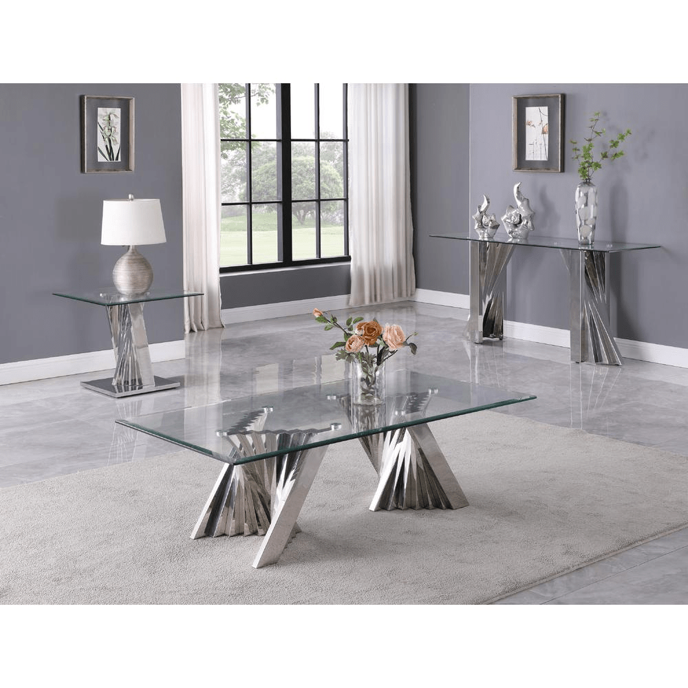 Glass Coffee Table Sets: Coffee Table, End Table, Console Table with Stainless Steel Base - Mervyns