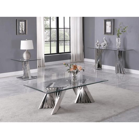 Glass Coffee Table Sets: Coffee Table, End Table, Console Table with Stainless Steel Base - Mervyns