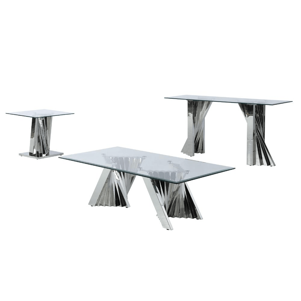 Glass Coffee Table Sets: Coffee Table, End Table, Console Table with Stainless Steel Base - Mervyns