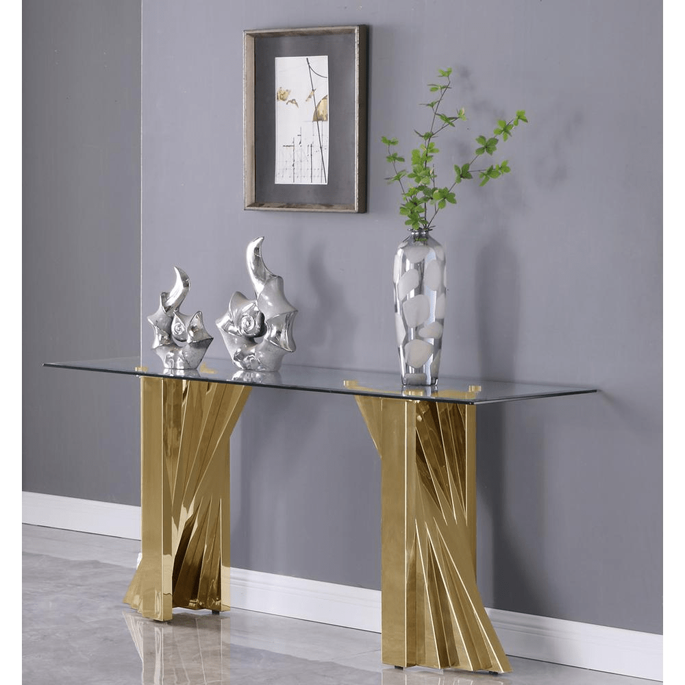 Glass Console Table with Stainless Steel Double Gold Base - Mervyns
