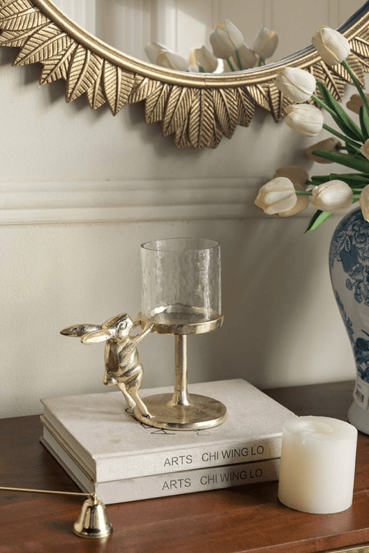 Gold Rabbit Pillar Candle Holder with Clear Glass Hurricane Shade Decorative Accent - Mervyns