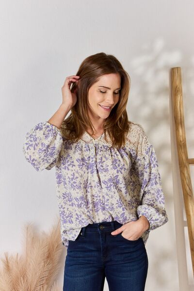 Hailey & Co Full Size Lace Detail Printed Blouse - Mervyns