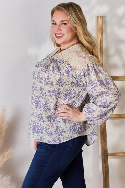 Hailey & Co Full Size Lace Detail Printed Blouse - Mervyns