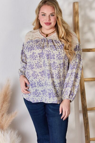 Hailey & Co Full Size Lace Detail Printed Blouse - Mervyns