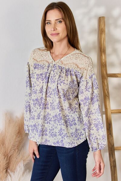 Hailey & Co Full Size Lace Detail Printed Blouse - Mervyns