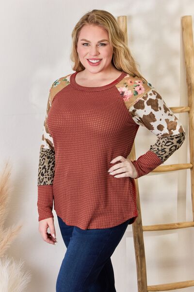 Hailey & Co Full Size Leopard Waffle - Knit Blouse - Mervyns