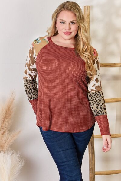 Hailey & Co Full Size Leopard Waffle - Knit Blouse - Mervyns