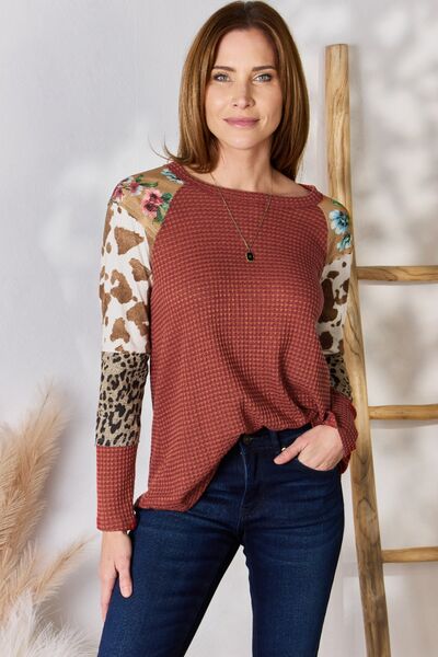 Hailey & Co Full Size Leopard Waffle - Knit Blouse - Mervyns