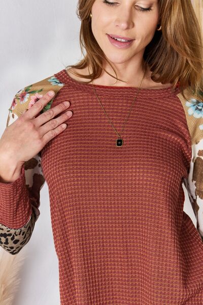 Hailey & Co Full Size Leopard Waffle - Knit Blouse - Mervyns