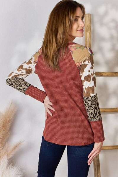 Hailey & Co Full Size Leopard Waffle - Knit Blouse - Mervyns