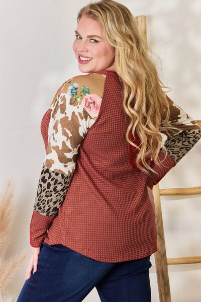 Hailey & Co Full Size Leopard Waffle - Knit Blouse - Mervyns