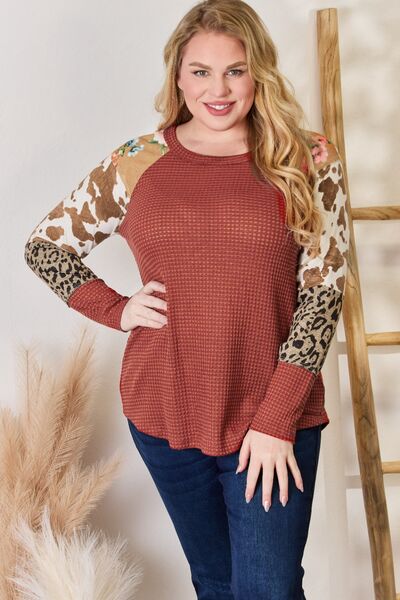 Hailey & Co Full Size Leopard Waffle - Knit Blouse - Mervyns