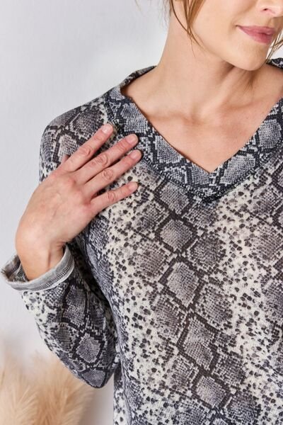 Hailey & Co Full Size Snakeskin V - Neck Long Sleeve Top - Mervyns