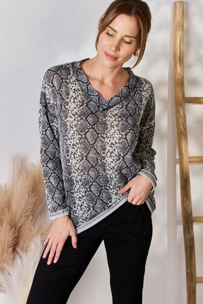 Hailey & Co Full Size Snakeskin V - Neck Long Sleeve Top - Mervyns