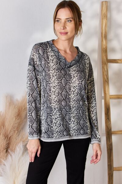 Hailey & Co Full Size Snakeskin V - Neck Long Sleeve Top - Mervyns