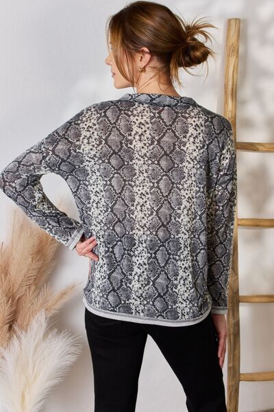 Hailey & Co Full Size Snakeskin V - Neck Long Sleeve Top - Mervyns