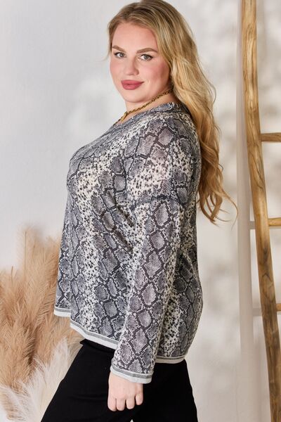 Hailey & Co Full Size Snakeskin V - Neck Long Sleeve Top - Mervyns