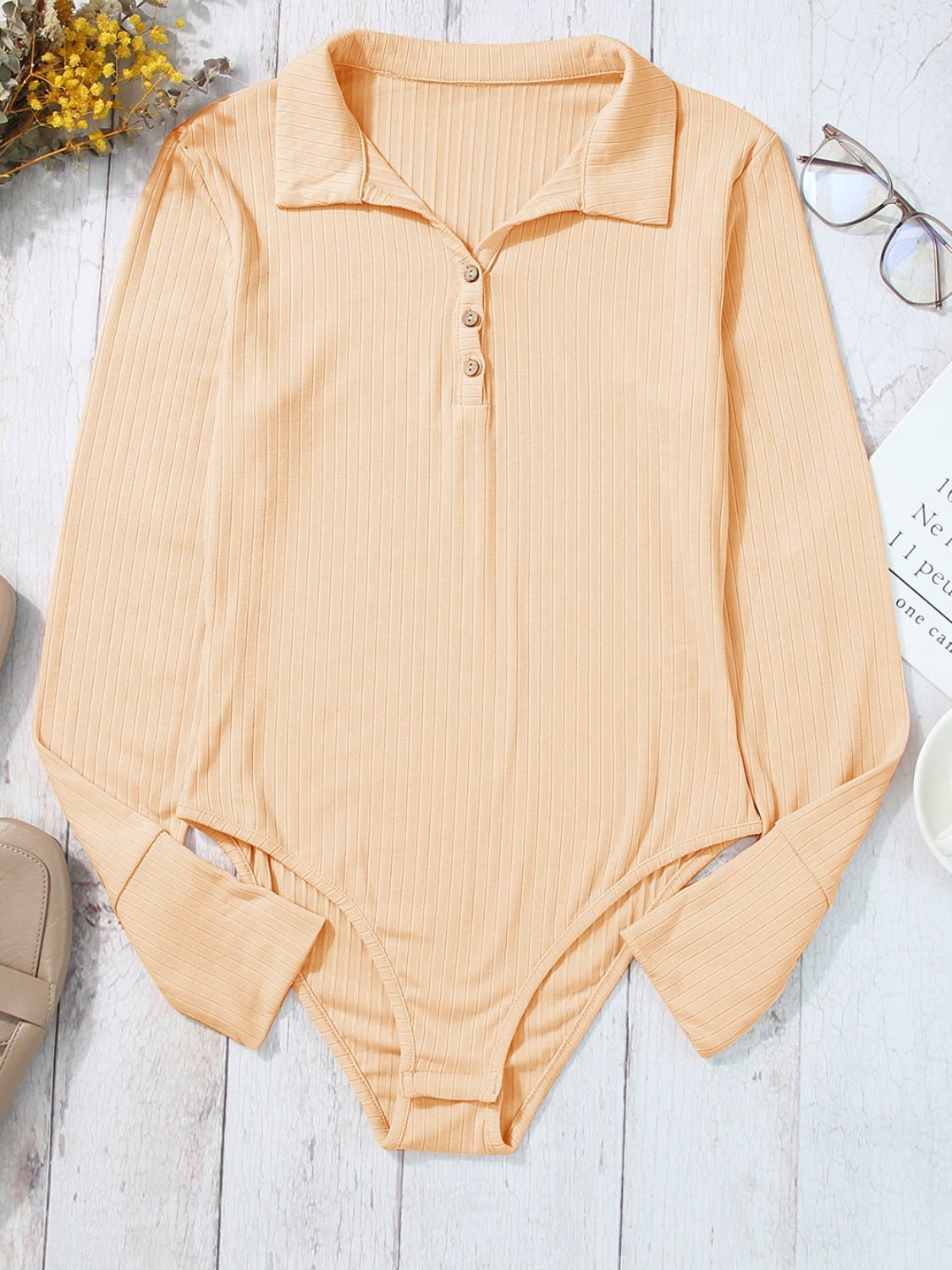 Half Button Collared Neck Long Sleeve Bodysuit - Mervyns