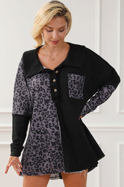 Half Button Leopard Collared Neck Blouse - Mervyns