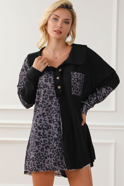 Half Button Leopard Collared Neck Blouse - Mervyns