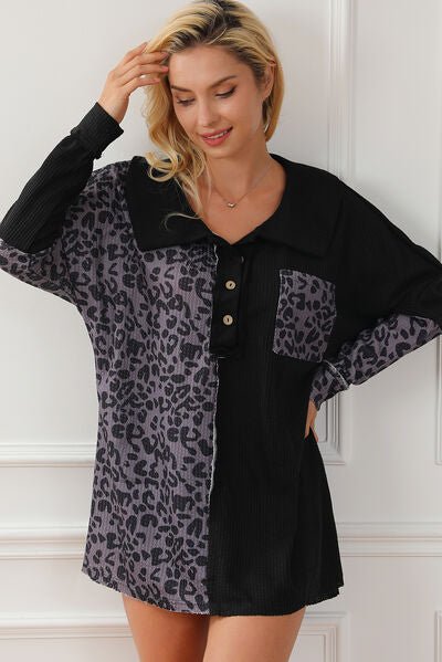 Half Button Leopard Collared Neck Blouse - Mervyns