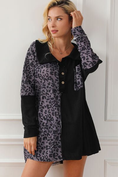 Half Button Leopard Collared Neck Blouse - Mervyns