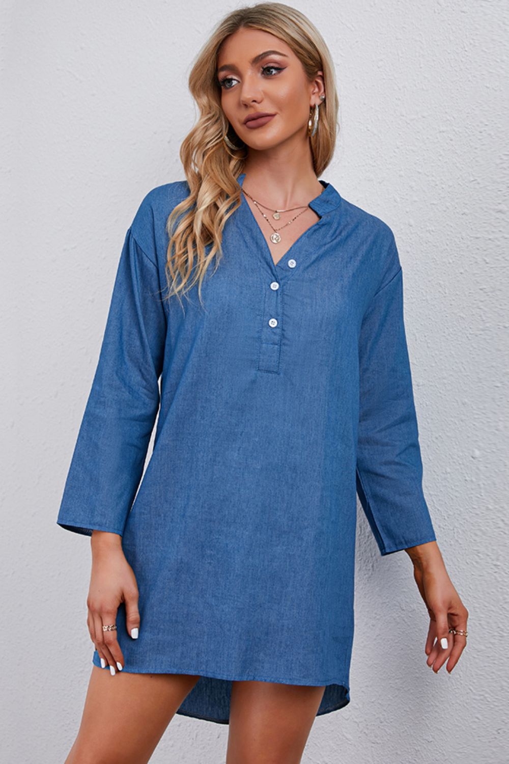 Half - Button Notched Neck High - Low Denim Dress - Mervyns