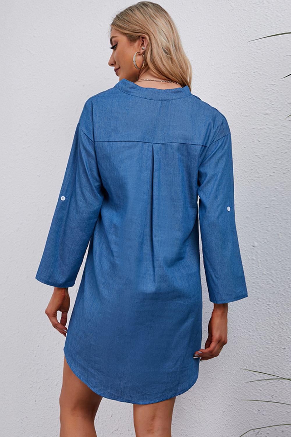 Half - Button Notched Neck High - Low Denim Dress - Mervyns