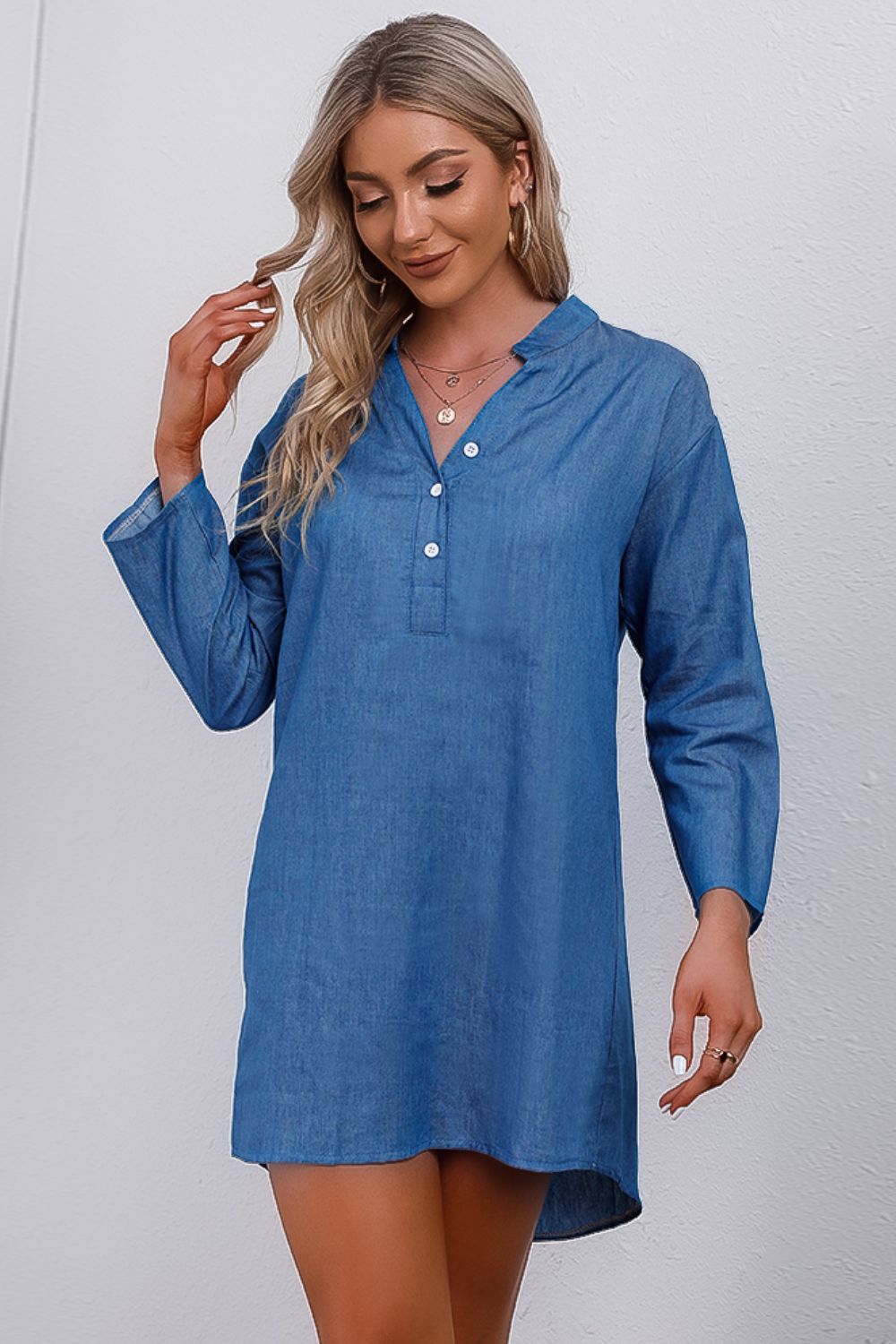 Half - Button Notched Neck High - Low Denim Dress - Mervyns