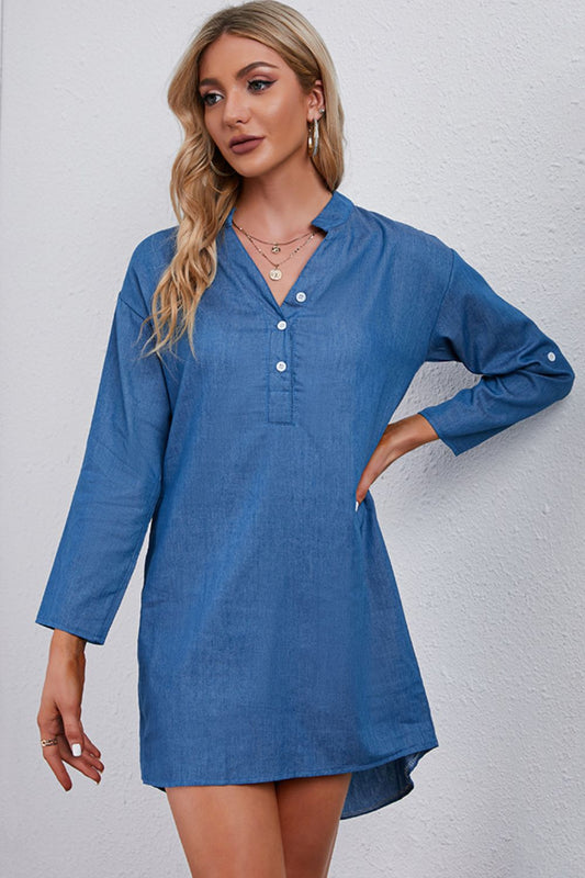 Half - Button Notched Neck High - Low Denim Dress - Mervyns