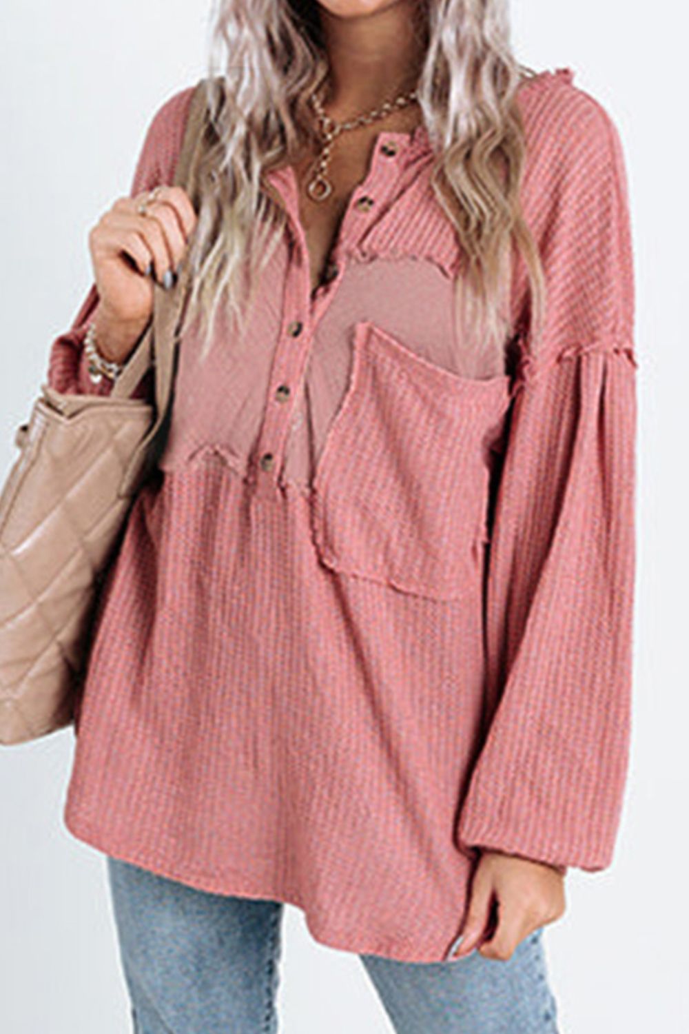 Half Button Raw Hem Long Sleeve Blouse - Mervyns