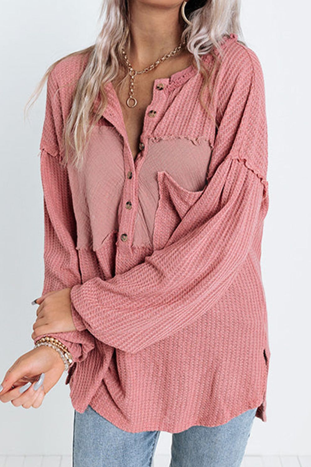 Half Button Raw Hem Long Sleeve Blouse - Mervyns