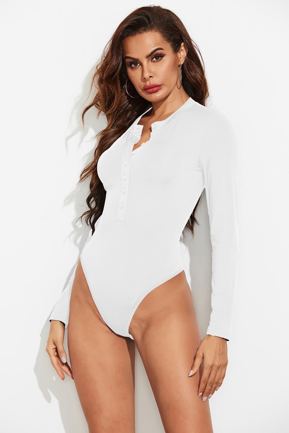 Half Button Round Neck Long Sleeve Bodysuit - Mervyns