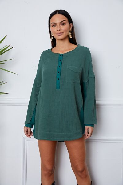 Half Button Up Round Neck Blouse - Mervyns