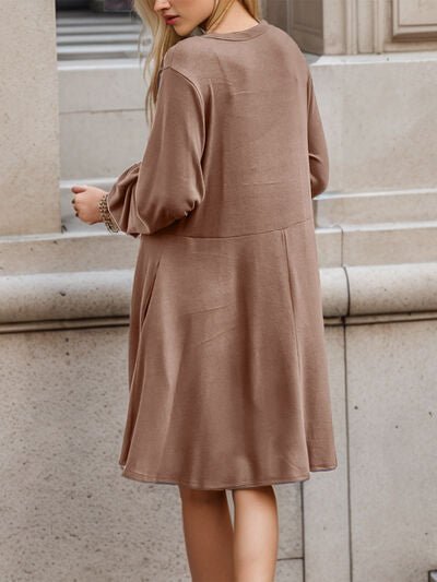 Half Button V - Neck Long Sleeve Dress with Pockets - Mervyns