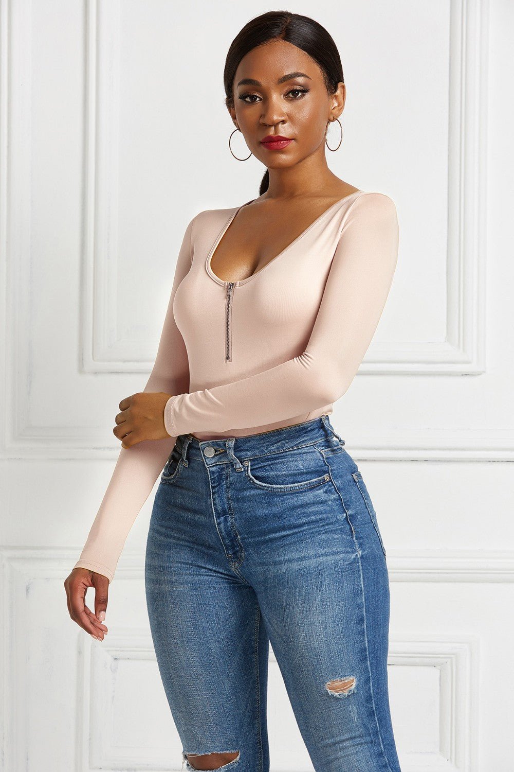 Half Zip Scoop Neck Long Sleeve Bodysuit - Mervyns