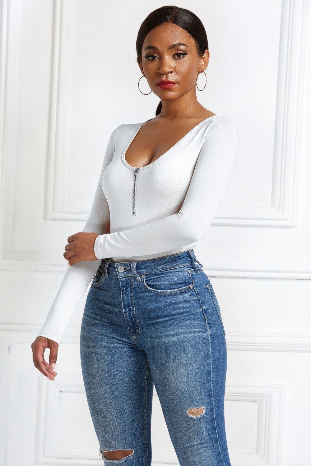 Half Zip Scoop Neck Long Sleeve Bodysuit - Mervyns