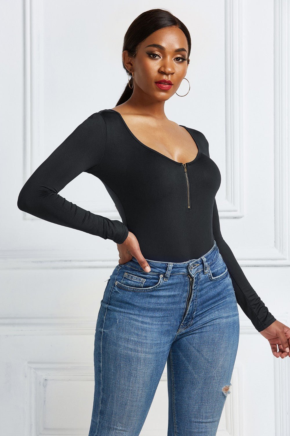 Half Zip Scoop Neck Long Sleeve Bodysuit - Mervyns