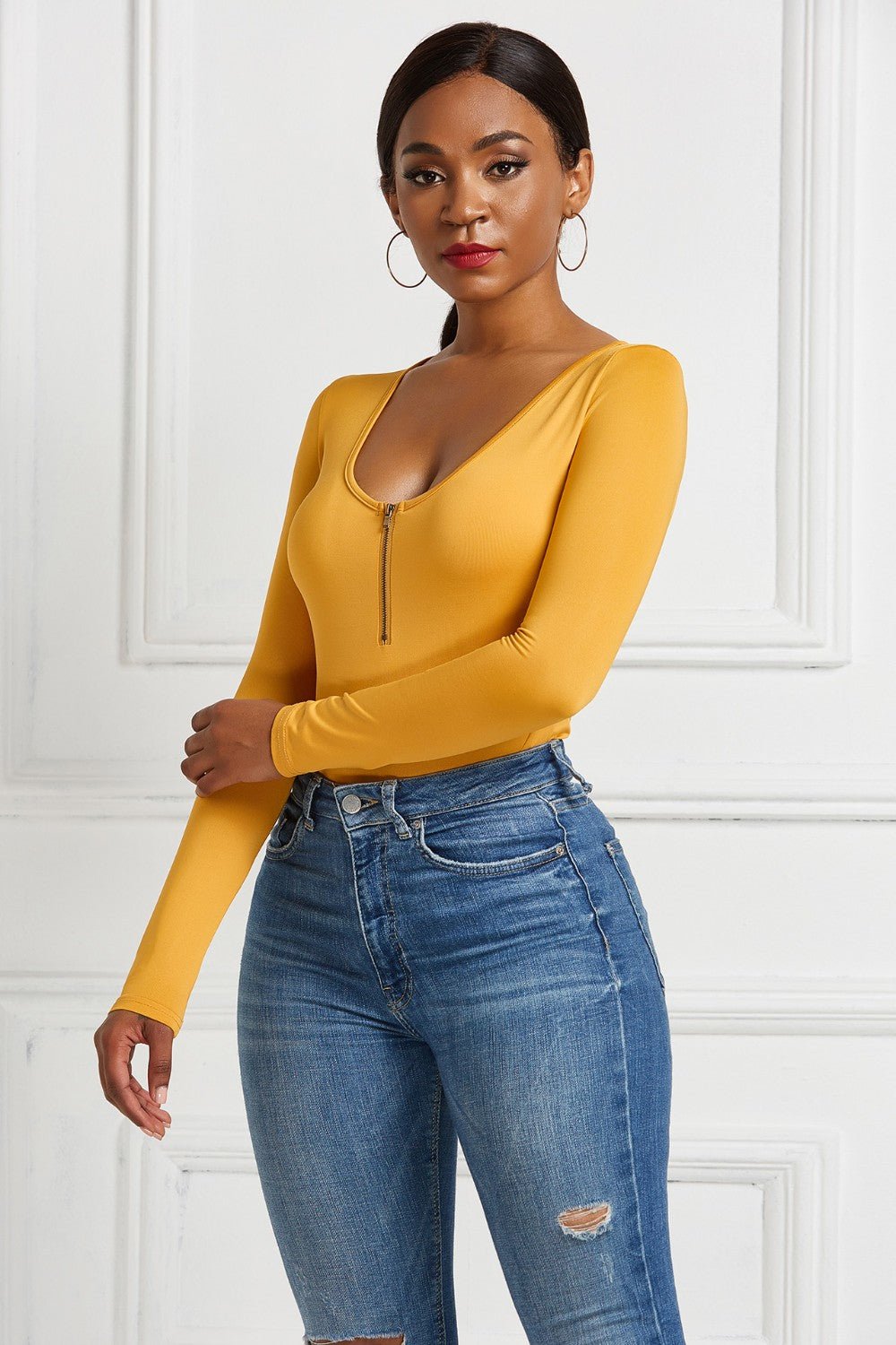 Half Zip Scoop Neck Long Sleeve Bodysuit - Mervyns