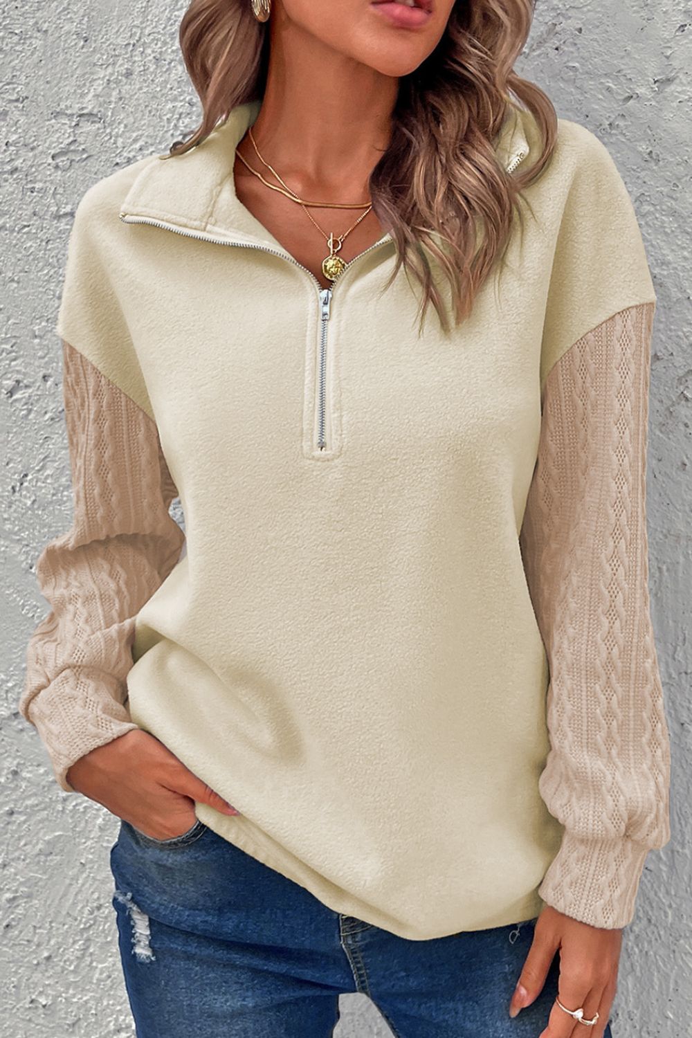 Half Zip Textured Patchwork Drop Shoulder Sweatshirt - Mervyns