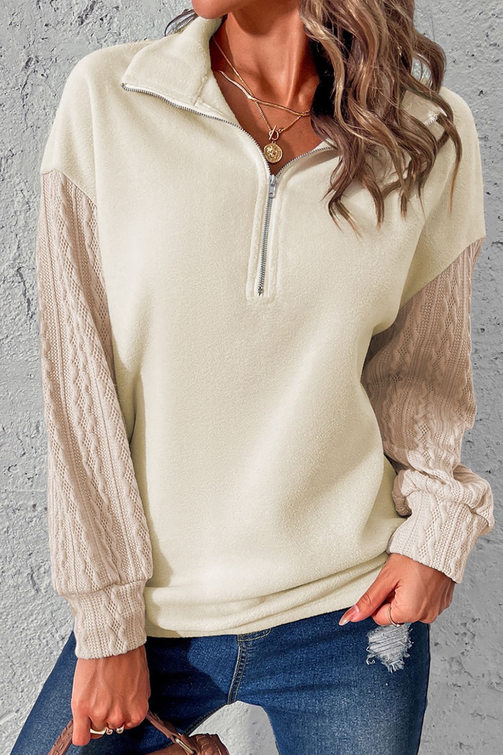 Half Zip Textured Patchwork Drop Shoulder Sweatshirt - Mervyns