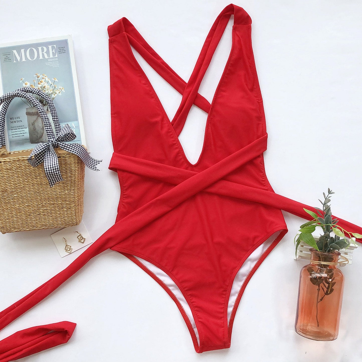 Halter Neck Deep V Tied One - Piece Swimsuit - Mervyns