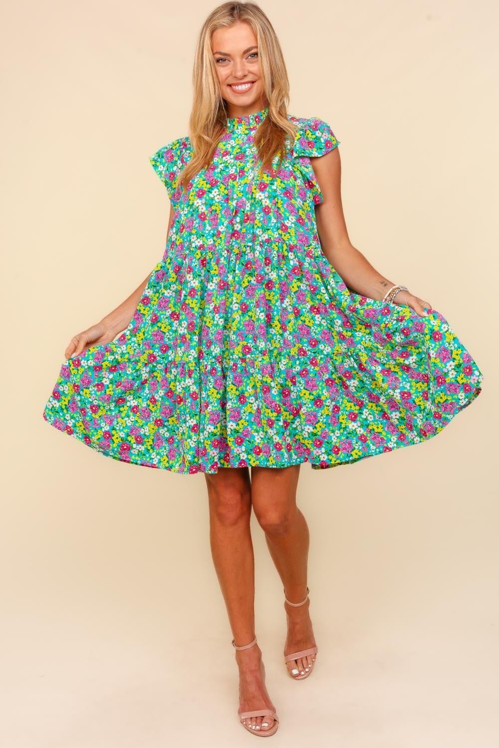 Haptics Frilled Mock Neck Ditsy Floral Dress - Mervyns