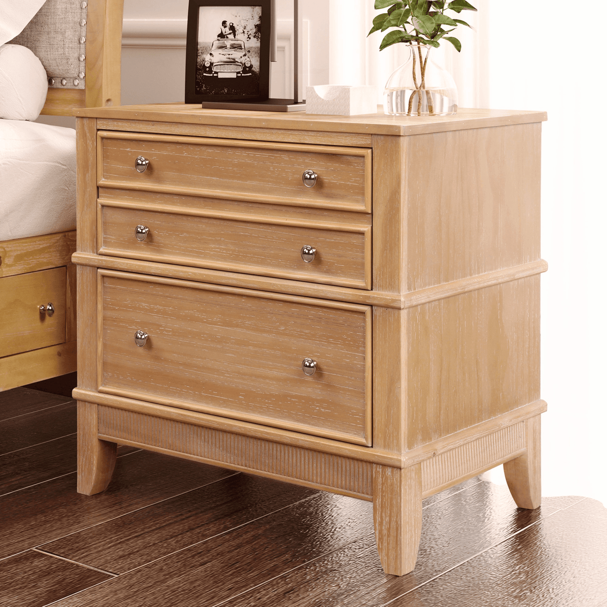 Hazel 3-Drawer Side Table for Living Room, Hallway, Entryway, Natural Solid Wood - Mervyns