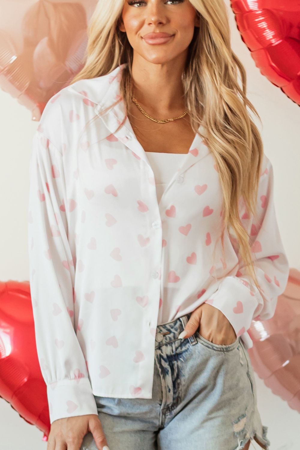 Heart Print Collared Neck Long Sleeve Shirt - Mervyns